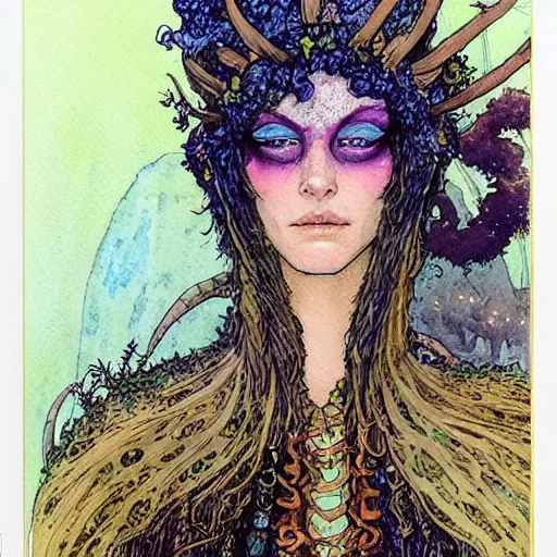 Image similar to a realistic and atmospheric watercolour fantasy character concept art portrait of a freckled incredibly beautiful woman in 8 0 s haute couture fashion clothes as a druidic warrior wizard looking at the camera with an intelligent gaze by rebecca guay, michael kaluta, charles vess and jean moebius giraud