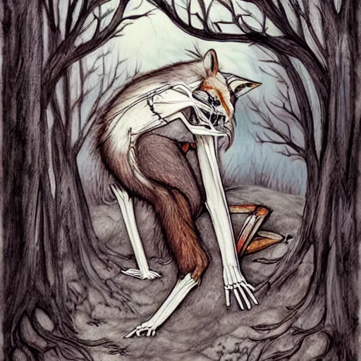 Image similar to a dream wolf eats the magical heart of a woodland faun who has her skeleton exposed, artwork by chiara bautista