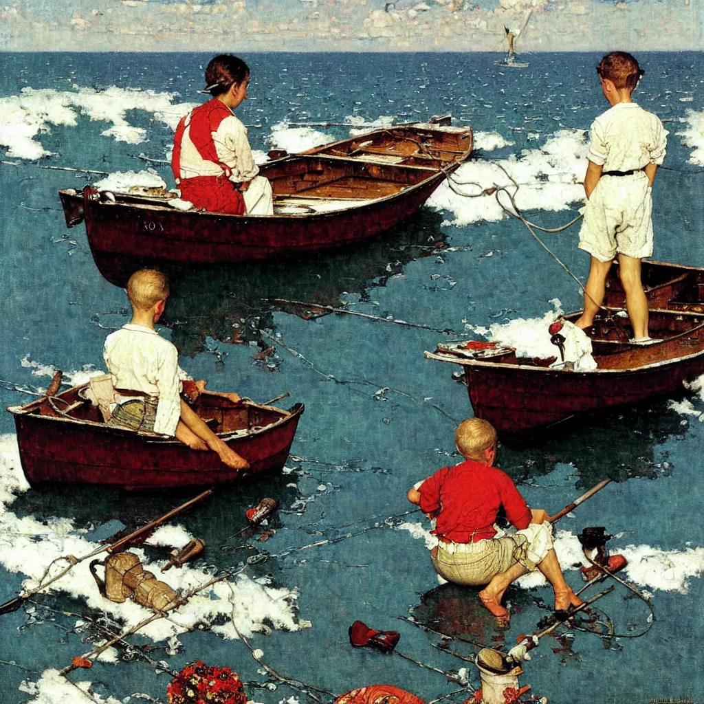 Prompt: a boat on the sea, oil on canvas, by norman rockwell