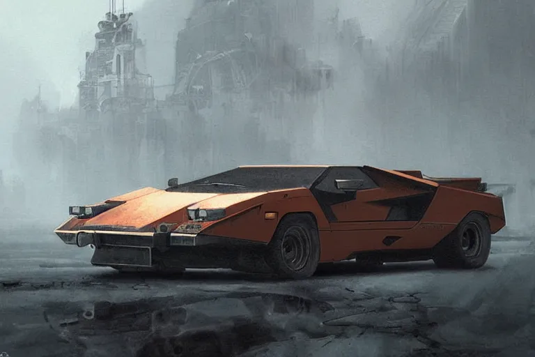 Image similar to dieselpunk countach, highly detailed, digital painting, artstation, concept art, sharp focus, illustration, art by raphael lacoste and greg rutkowski