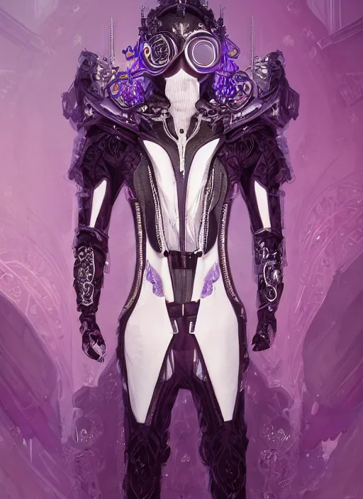 Image similar to a handsome male ornate cyborg with a white techwear mask, purple garment with art nouveau ivory accessories, dressed in black intricate lace and jewels, ethereal, misty, cyberpunk, darksynth, luxury, concept art by zeen chin, extremely detailed, artstation, andree wallin, edvige faini, alphonse mucha, 8 k, unreal engine 5