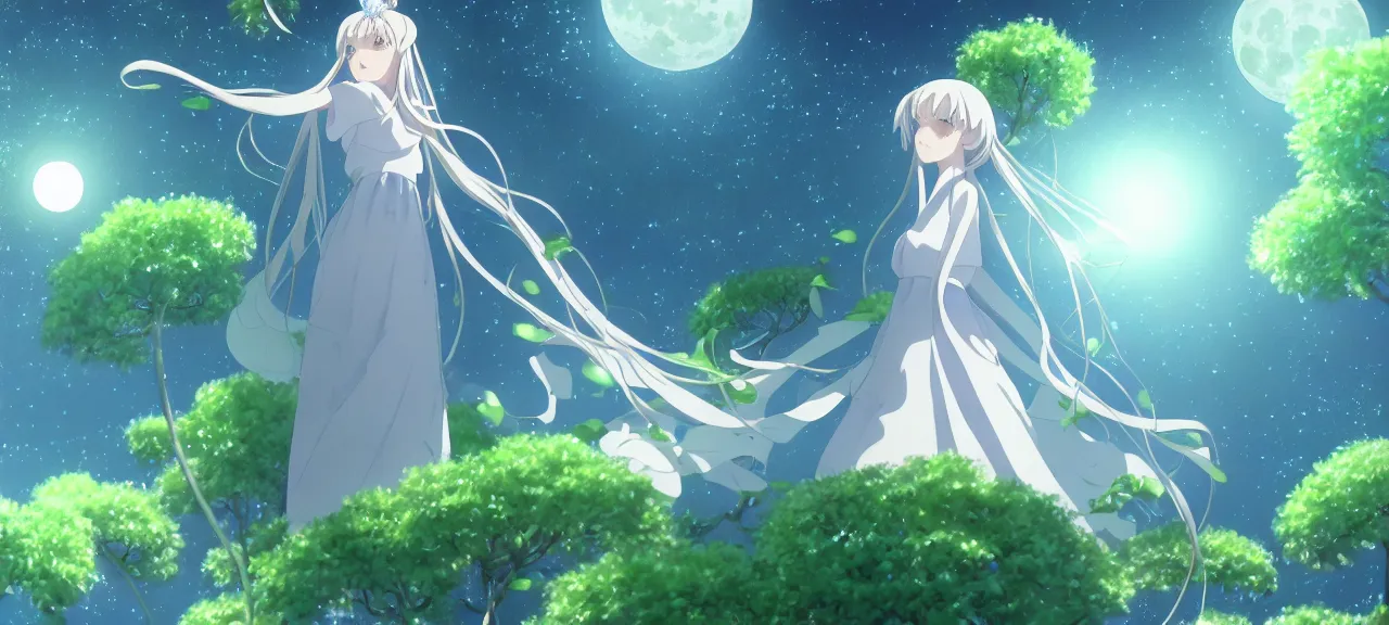 Image similar to Illyasviel holding floating green crystal | ghibli clover | Big Moon at Blue Night | Trees with white flowers | bioluminescent blue FLOWERS | strong blue rimlit | visual-key | anime illustration | highly detailed High resolution | Light Novel | Visual Novel | Gosick