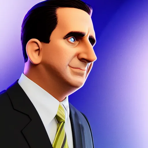 Image similar to hyperdetailed 3 d cartoon render of michael scott in a confident expressive pose, cartoon eyes!!!!! cute cartoon style, white background, low angle shot, cinematic studio lighting, studio quality, octane render, unreal engine 5, trending on artstation, 8 k