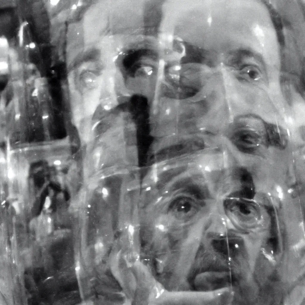 Image similar to Marshall McLuhan trapped in a huge inflatable transparent tube with chrome effect