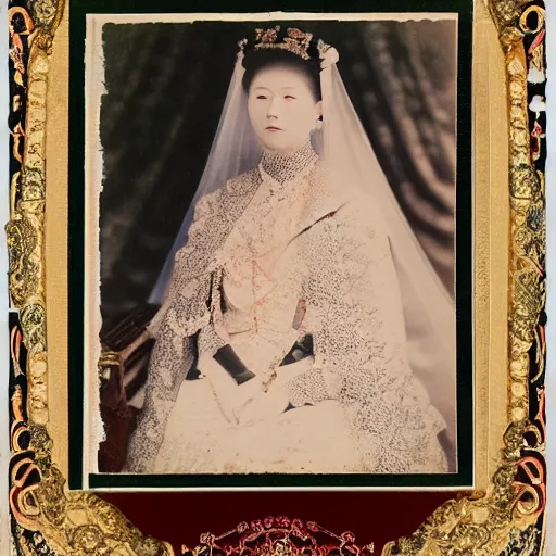 Prompt: a wide full shot, colored russian and japanese mix historical fantasy of a photograph portrait taken of the empress wearing her royal wedding attire, photographic portrait, warm lighting, 1 9 0 7 photo from the official wedding photographer for the royal wedding.