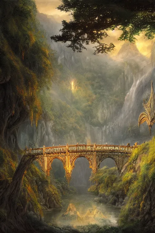 Image similar to Rivendell in the evening, detailed matte painting, cinematic, Alan Lee, Artstation