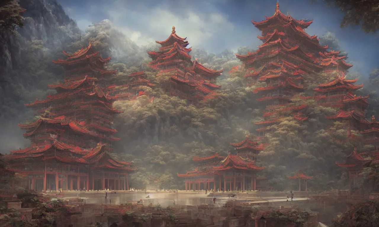 Prompt: A Chinese style splendid palace of the game concept scene original painting, super wide angle, magnificent and gorgeous atmosphere，matte painting，rtx on，by moebius, Neil Blevins and Jordan Grimmer，trending on cgsociety and artstation, unreal engine，Volumetric light，surreal