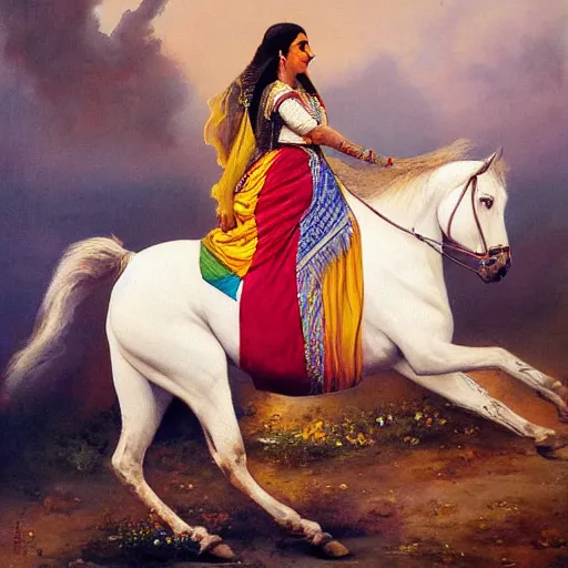 Image similar to a painting of a!! kurdish!! woman riding a beautiful white horse, an oil on canvas painting by raja ravi varma, award winning art, featured on deviantart, qajar art, detailed painting, oil on canvas, acrylic art, extremely detailed, incredibly intricate, elegant