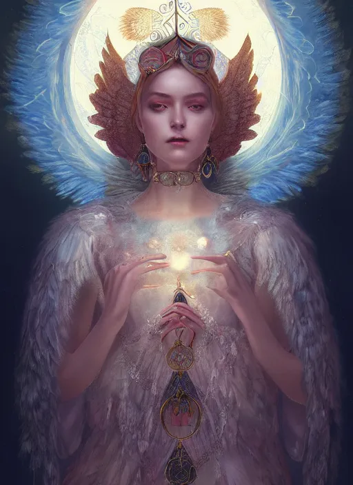 Image similar to A beautiful digital painting of a female Seraphim full of jewels, princess, the moon behind her, intricate, cinematic lighting, highly detailed, digital painting, Artstation, concept art, smooth, sharp focus, illustration, art by Tom Bagshaw, Artgerm and Greg Rutkowski