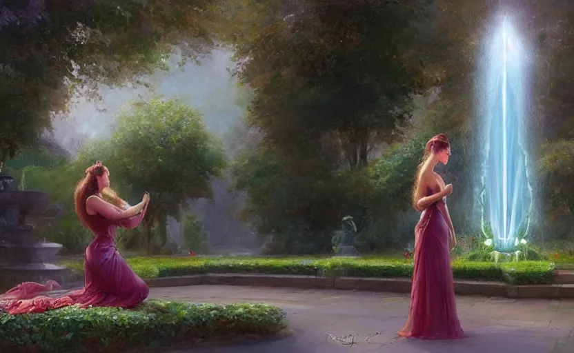 Image similar to The kneeling statue of a woman in a beautiful garden, next to a fountain and a mystical palace, and all this in a foggy and mysterious atmosphere. Fantasy and concept art by Konstantin Razumov.