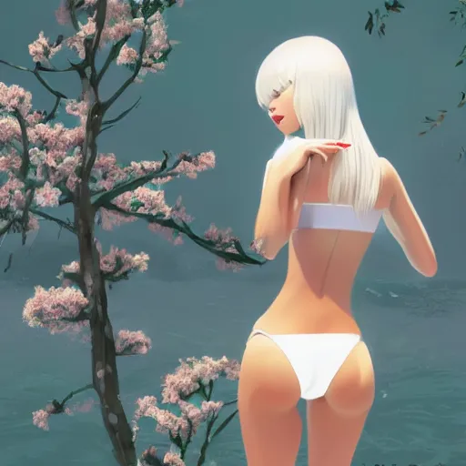 Image similar to girl wearing an bikini made of white flowers, art made by ilya kuvshinov,