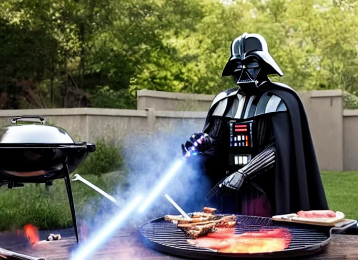 Image similar to film still of Darth Vader cooking on an outdoor grill in the new Star Wars movie, 4k