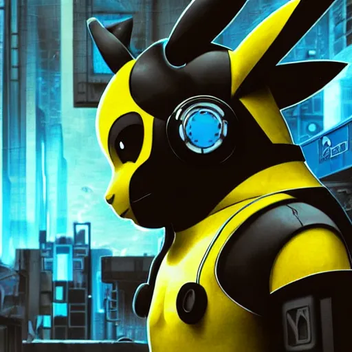 Image similar to Side view of a Pikachu cyborg demon in cyberpunk headset and helmet on the street of a cyberpunk city, sci-fi, fantasy, intricate, very very beautiful, elegant, highly detailed, digital painting, artstation, concept art, smooth, sharp focus, illustration, concept art by Josan Gonsales and James Gurney and Mœbius