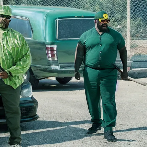 Prompt: Still of Big Smoke with green clothing with a baseball bat in Better Call Saul