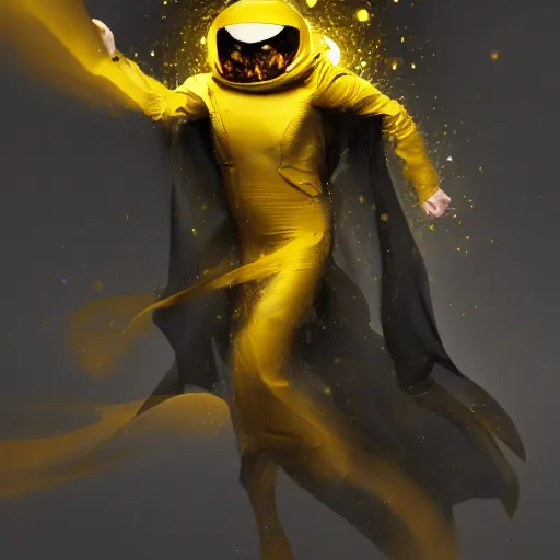 Image similar to award - winning. trending on artstation. 4 k. expressive. a figure wearing layered yellow robes while a black hole floats in space behind them. dark background. in the style of victor antonov