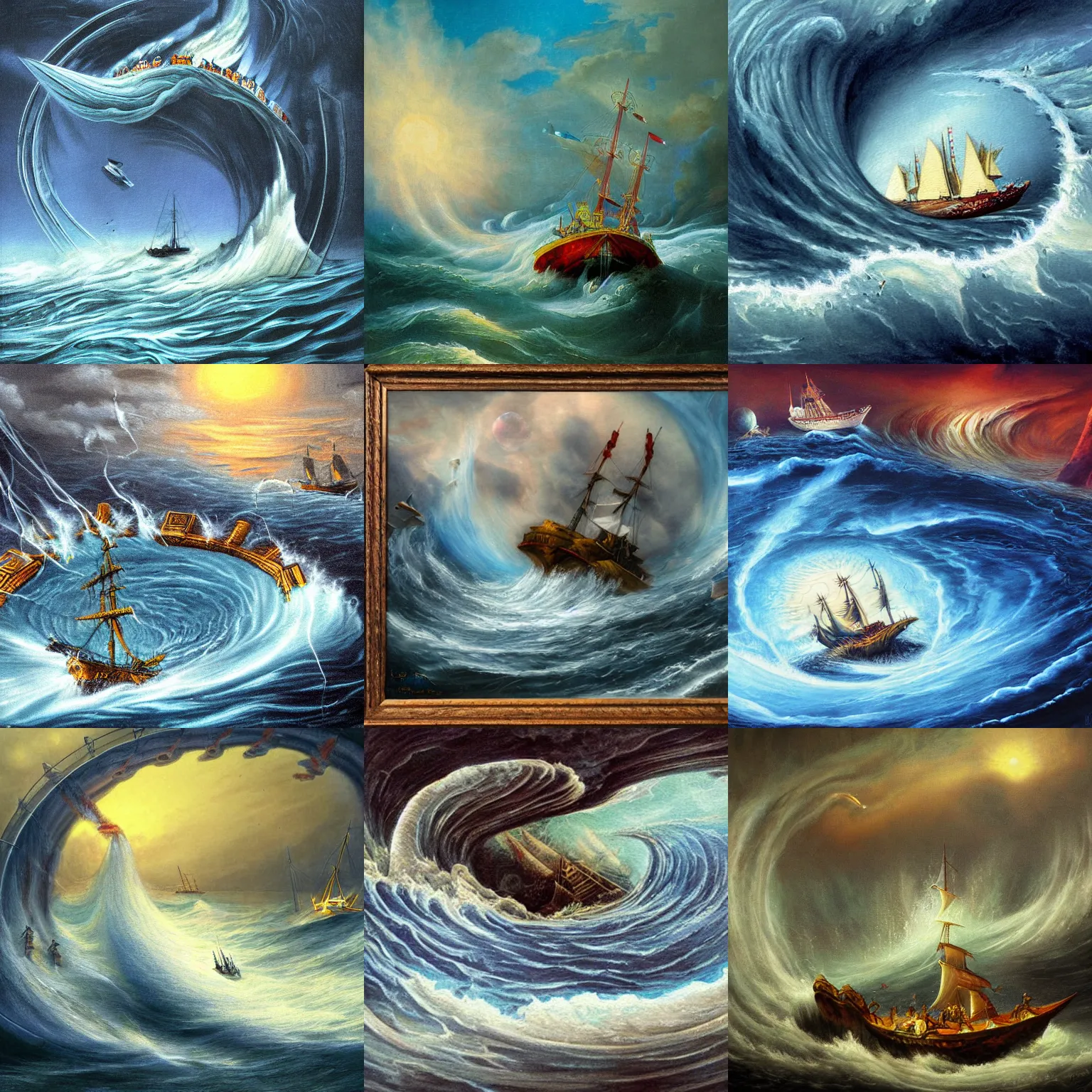 Prompt: fantasy painting of a ship falling into a whirlpool, high detail