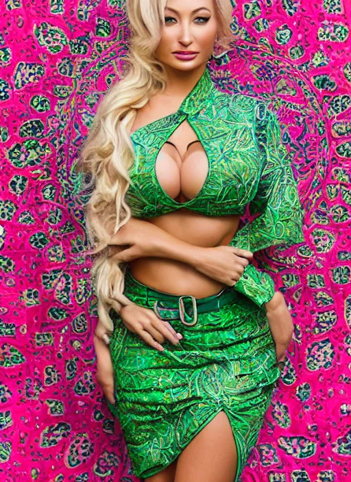 Image similar to portrait of lindsey pelas wearing green kebaya with pink silk belt and batik skirt, by charlotte grimm, natural light, detailed face, beautiful features, symmetrical, canon eos c 3 0 0, ƒ 1. 8, 3 5 mm, 8 k, medium - format print, half body shot