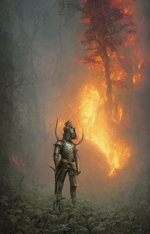 Prompt: a knight among flowers in dark forest surrounded by fire and smoke, moody, rim light, dynamic lighting, cinematic shot, gritty, ultra - detail, renderman, physically based render, jean delville, gustave dore and marco mazzoni