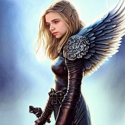 Image similar to portrait of young aasimar angel valkyrie warrior girl maiden wearing comfy leather armor with beautiful feathered angel wings, blue eyes, Chloe Moretz, Natalie Portman, Emily Ratajkowski, innocent, intricate, elegant, highly detailed, ultradetailed, hyperdetailed, artstation, concept art, smooth, sharp focus, illustration, art by artgerm and greg rutkowski and Rossdraws and Bluesssatan and Mandy Jurgens