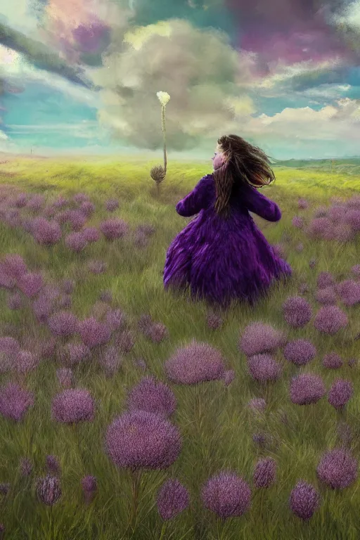 Prompt: closeup, enormous thistle flower head, a girl wearing coat in heather field, surreal photography, wind and cold, dramatic sky, impressionist painting, digital painting, artstation, simon stalenhag