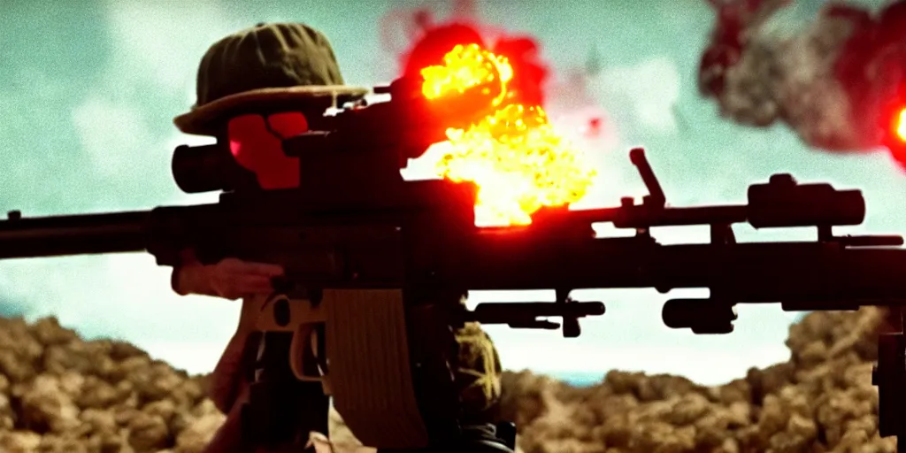 Image similar to high detail movie still of ultra realistic spongebob squarepants shooting an ak - 4 7 machine gun with muzzle flash, cinematic framing rule of thirds, cinematic light, hard shadows, in the style of the movie lone survivor,