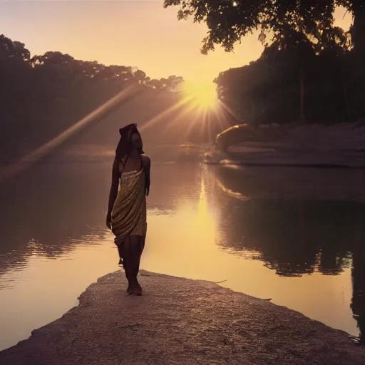 Image similar to Fine art photo of the most beautiful woman, she is posing while maintain a sweet eye contact to the camera she is walking on a river, she is getting ulluminated by the rays of the sunset, the photo was taking by Steve McCurry, matte painting, oil painting, naturalism, 4k, 8k