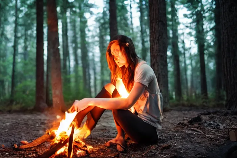 Prompt: girl with in a tan trenchoat a motorcycle, sitting on a log drinking tea alone by the campfire, night in a dark forest, cinematic lighting, low angle photography, wide shot, hyperrealistic, 8k