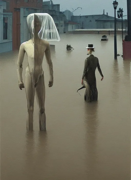 Prompt: westworld android dressed in transparent plastic bags, on flooded street Edward Hopper and James Gilleard, Zdzislaw Beksinski, highly detailed