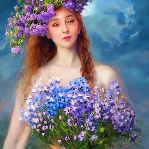 Image similar to a portrait of a romantic woman with flowers grow out of hair, roses peonies forget-me-nots dahlias lupins gladioli, sky theme in background, by Alexandr Averin, Digital Art, Trending on artstation