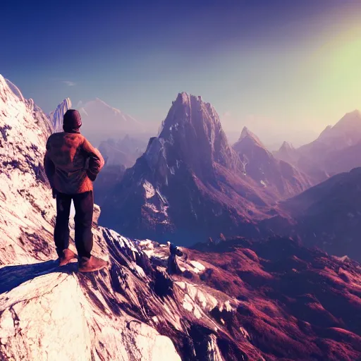 Prompt: hyper realistic man standing on mountain looking on the horizon, pictures from the back, pointing to the right, unreal 5 engine, beautiful, optimistic, high quality, wide shot