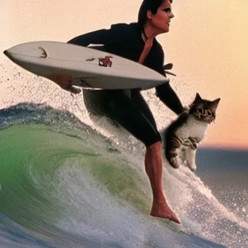 Prompt: Tom Cruise surfing with his pet kitten, photorealistic