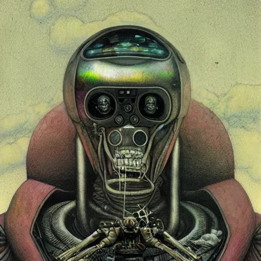 Prompt: futurist cyborg cult priest, perfect future, award winning art by santiago caruso, iridescent color palette