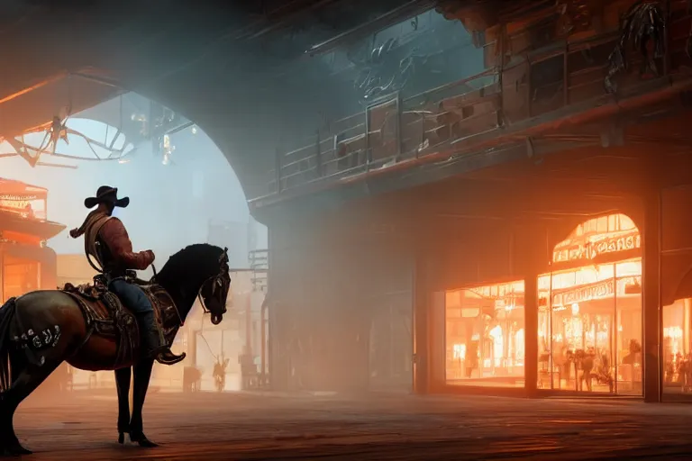 Image similar to photo from shoulder of a cowboy, riding a steampunk horse, on a futuristic shopping mall, cinematic lightning, ray tracing, unreal engine 5, photorealistic, 8 k, uhd, 4 k, red dead redemption 2 game concept, extremely detailed, beautiful, elegant, intricate, foggy, in - game footage