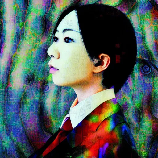 Image similar to yoshitaka amano blurred and dreamy realistic three quarter angle portrait of a young woman with short hair and black eyes wearing office suit with tie, junji ito abstract patterns in the background, satoshi kon anime, noisy film grain effect, highly detailed, renaissance oil painting, weird portrait angle, blurred lost edges