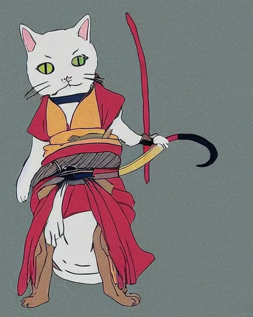 Image similar to cat dressed as a samurai in the style of studio ghibli