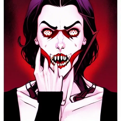 Image similar to Rafeal Albuquerque comic art, Joshua Middleton comic art, pretty Phoebe Tonkin vampire sharp teeth, fully red eyes no pupils, razor sharp teeth open mouth evil smile, horror, symmetrical face, symmetrical eyes, pretty white dress, short black hair, full body:: snow outside::