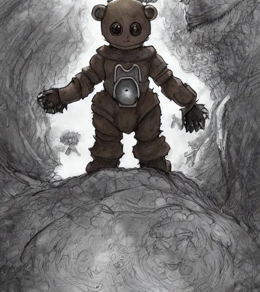 Image similar to beautiful little boy wearing an cyborg bear suit, artwork in kentaro miura and made in abyss and bomberman and codename : kids next door, smooth, beautiful lightness, anatomically correct, trending on pixiv, forest