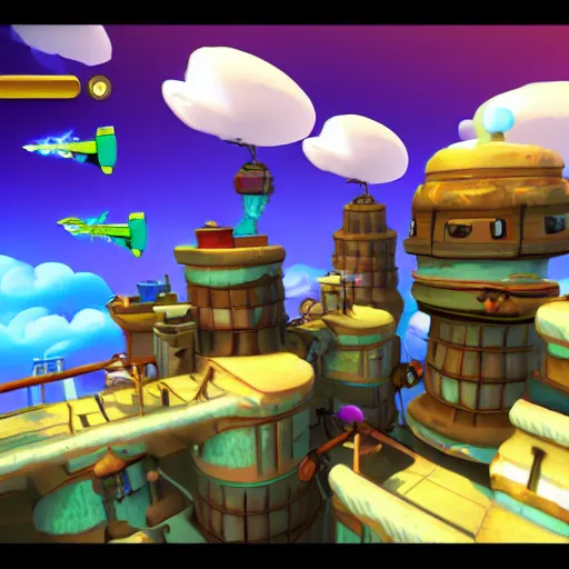 Prompt: Screenshot of Cloudjumper, an steampunk 3d game with cute flying ships in fluffy colorful clouds and soft light