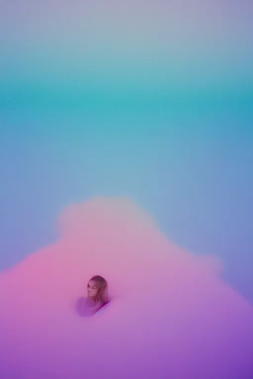 Image similar to high quality pastel coloured film close up wide angle photograph of a model wearing clothing swimming on cloud furniture in a icelandic black rock!! environment in a partially haze filled dreamstate world. three point light, rainbow. photographic production. art directed. pastel colours. volumetric clouds. pastel gradient overlay. waves glitch artefacts. extreme facial clarity. 8 k. filmic.