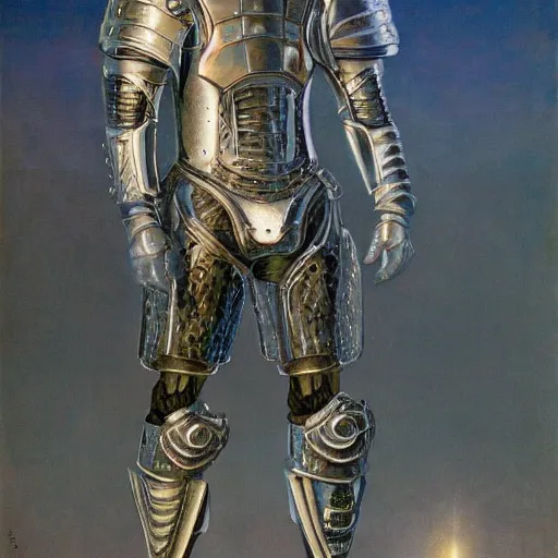 Image similar to full body portrait of beautiful gothic and futuristic fashion model, open space armour, cyber armour, highly detailed, artstation, illustration, composition, 8 k quality, art by jean delville, rene magritte, hyperrealism oil painting