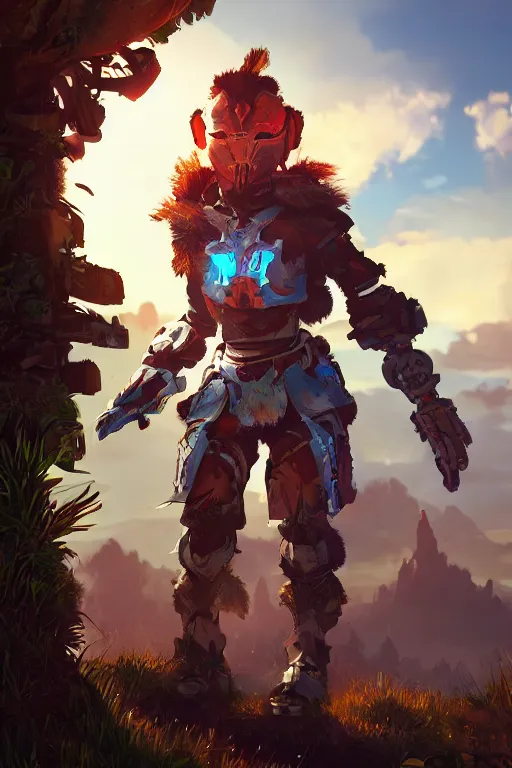 Image similar to combination suit armor aloy horizon forbidden west horizon zero dawn radiating a glowing aura global illumination ray tracing hdr fanart arstation by ian pesty and alena aenami artworks in 4 k tribal robot ninja mask helmet backpack