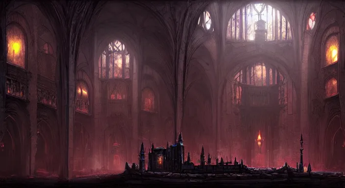 Prompt: dark sinister vampire lair interior by Marc Simonetti, adventure game