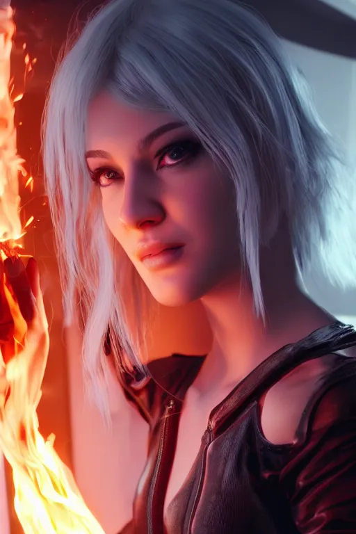 Prompt: gorgeous blonde woman with fire in her hand, cyberpunk, realistic, high definition, many details, art of unreal engine 5