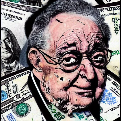 Image similar to George Soros full body shot, dollar bills Body horror, biopunk, by Ralph Steadman, Francis Bacon, Hunter S Thompson