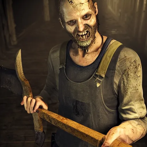 Image similar to jack baker from resident evil 7 ( 2 0 1 7 ) wielding axe, slasher smile, cinematic lighting, eerie atmosphere, re engine render, photorealistic face