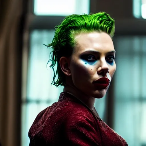 Image similar to stunning awe inspiring scarlett johansen as the joker, movie still 8 k hdr atmospheric lighting