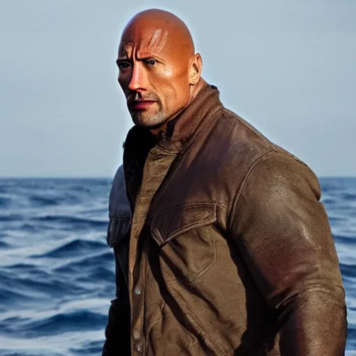 Image similar to close up cinematic still of Dwayne Johnson in JAWS