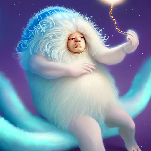 Image similar to the beautiful androgynous young tardigrade sun god tardigrade, very very long fluffy curly blond hair, pale white skin, 1 5 0 4, by sakimichan and rossdraws, 4 k digital painting, artstation cgsociety