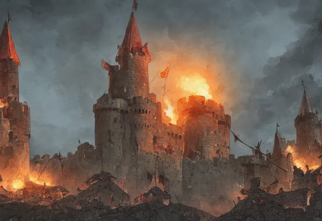 Prompt: handmade illustration of an small medieval castle being attacked by some medieval soldiers, fire and smoke, catapults and arrows, line art, ink, heavy brushstrokes, watercolor by Kilian Eng and by Jake Parker, winning-award masterpiece, fantastic, octane render, 8K HD Resolution, High quality image