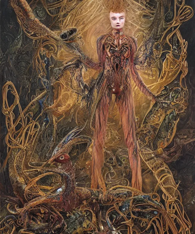 Prompt: a portrait photograph of a tattooed fierce sadie sink as a strong alien harpy queen with amphibian skin. she is dressed in a fiery lace shiny metal slimy organic membrane catsuit and transforming into a insectoid snake bird. by donato giancola, walton ford, ernst haeckel, peter mohrbacher, hr giger. 8 k, cgsociety